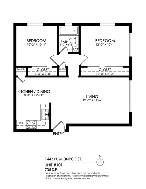 Floor plan for 2 beds, 1 bath